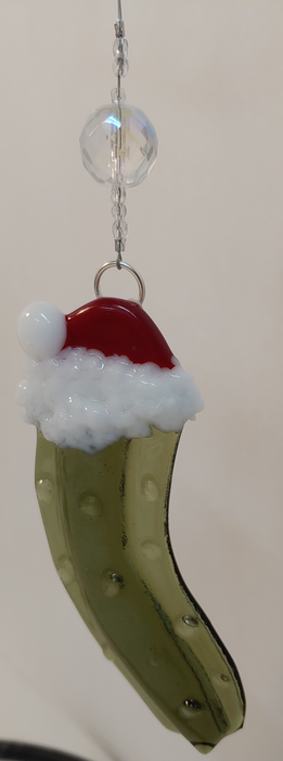 Christmas Pickle with Red Hat Fused Glass Ornament Happy Glass Art Supply www.happyglassartsupply.com Irene Richardson
