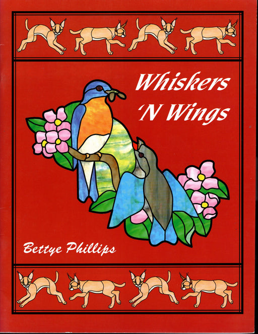 Whiskers 'N Wings Glass Art Pattern Book Instructional by Bettye Phillips 33 Patterns with special build notes by each and Instructions pages American bald eagle & flag, bald eagle with trout, barn owls, cardinal & blue jay, cat with fuchsia, catnip garden, cedar waxwing, duck, gold finches, mallards, swans, Pegasus, pygmy owl, reddish egret fishing A terrific Glass Artist Gift Present Happy Glass Art Supply www.happyglassartsupply.com