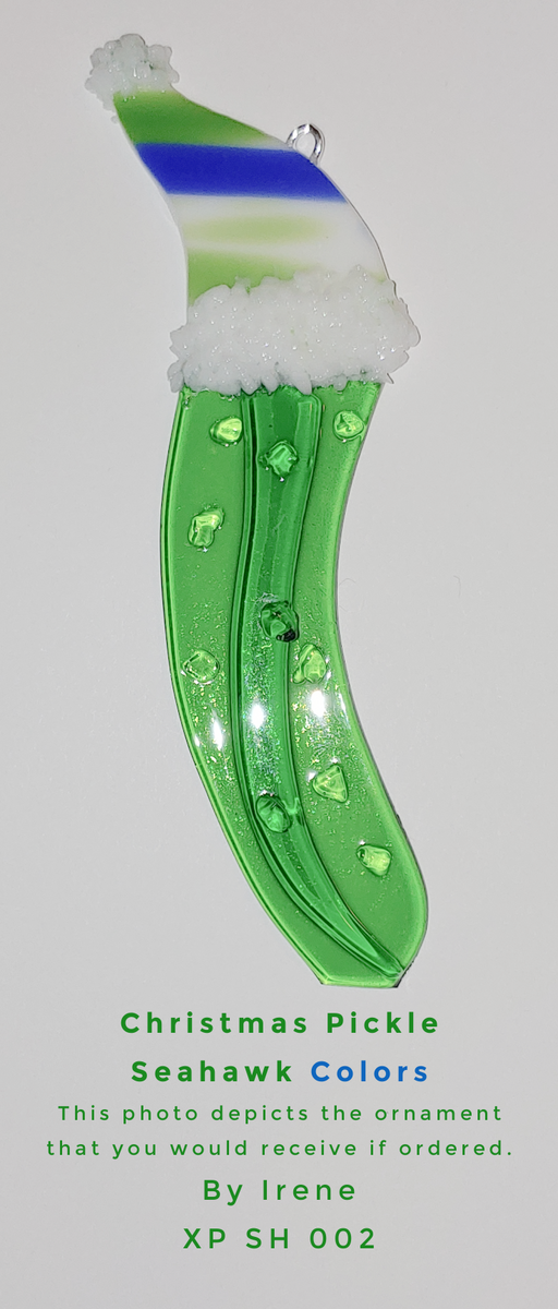 Seattle Seahawks colors Traditional Christmas Pickle Ornament #002 Art Designed and Created by Glass Artist Irene Richardson