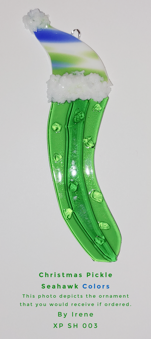 Seattle Seahawks colors Traditional Christmas Pickle Ornament #003 Art Designed and Created by Glass Artist Irene Richardson